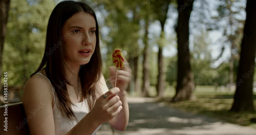 Young woman enjoys a lollipop in the park. She talks and gestures while savoring her sweet treat on a sunny day. The video evokes feelings of happiness, summer, and childhood nostalgia. Young woman enjoys a lollipop in the park. She talks and gestures while savoring her sweet treat on a sunny day. The video evokes feelings of happiness, summer, and childhood nostalgia.