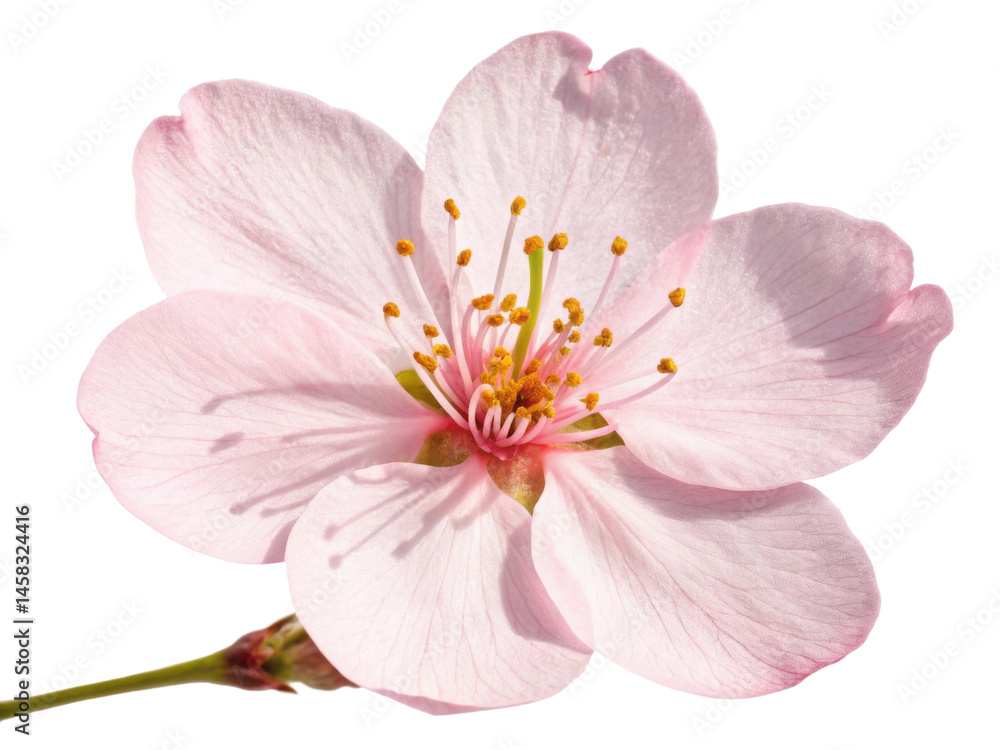 Obraz premium Beautiful cherry blossom flower showcases delicate pink petals and vibrant yellow stamens, symbolizing spring arrival and renewal