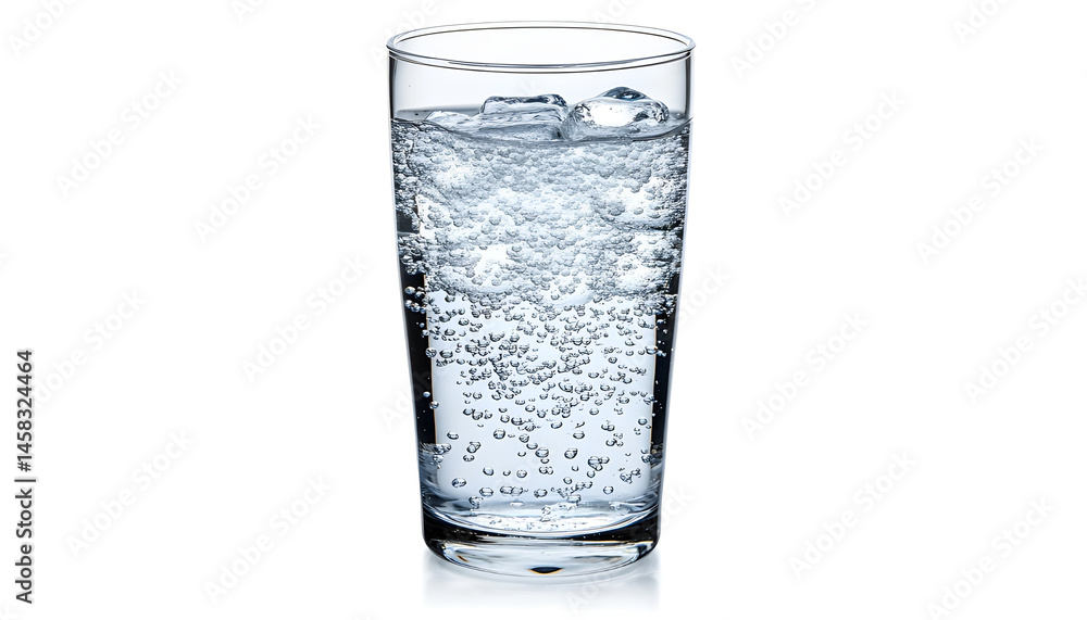 Sweet carbonated water with ice cubes in glass isolated on white