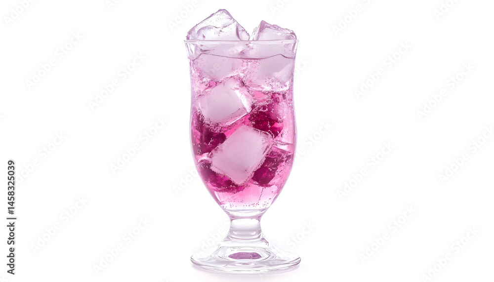 Sweet carbonated water with ice cubes in glass isolated on white