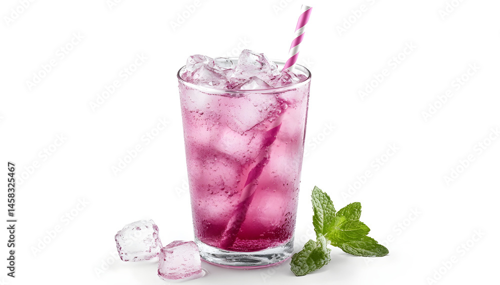 Sweet carbonated water with ice cubes in glass isolated on white