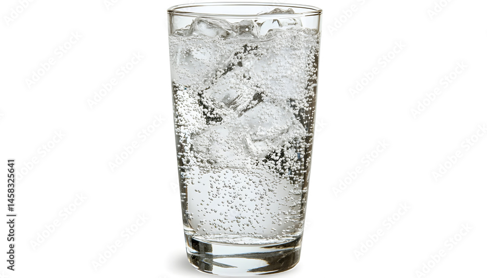 Sweet carbonated water with ice cubes in glass isolated on white