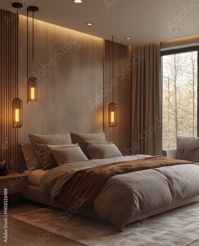 Modern bedroom design, warm lighting, autumn view