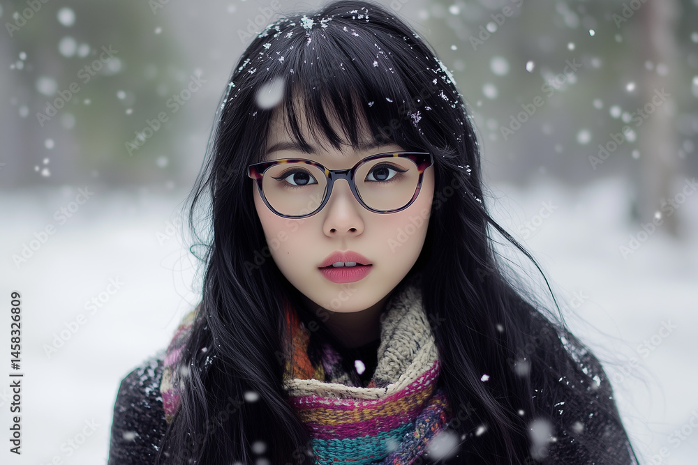 Charming Asian Woman in Trendy Winter Clothing Amidst Gentle Snowfall. Charming Asian Woman in Trendy Winter Clothing Amidst Gentle Snowfall.
