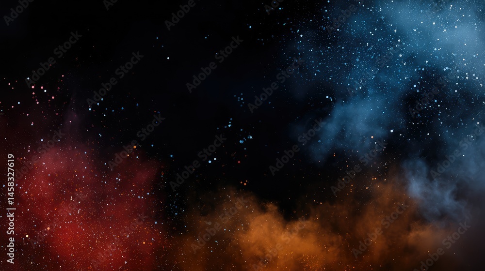 Naklejka premium Cosmic Dust Clouds: A Dramatic Nebula of Red, Orange, and Blue