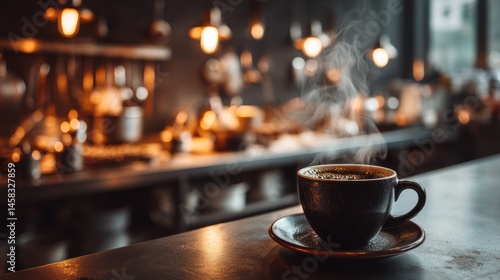 Steaming coffee cup on a bar counter in a cozy cafe.  Warm lighting, blurred background of kitchen area