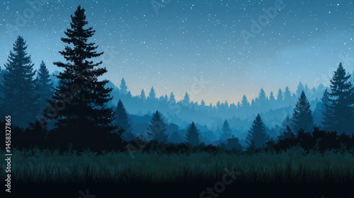 Serene Night Forest: Silhouetted Trees Under Starry Sky