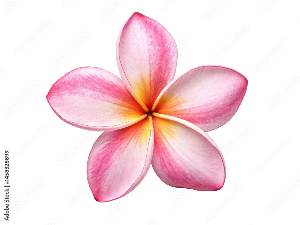 Obraz premium Beautiful plumeria flower showcases delicate pink and white petals with vibrant yellow center, radiating natural elegance and charm