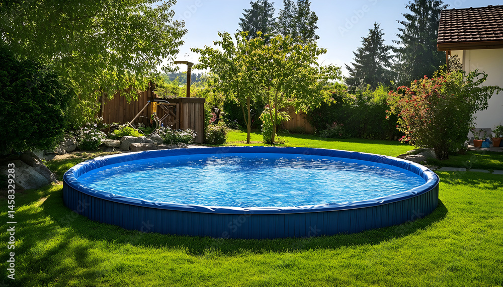 Above ground swimming pool on grass in backyard