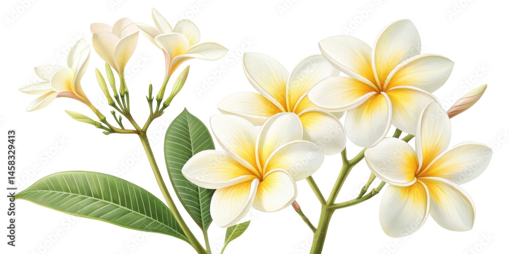 Fototapeta premium Plumeria flowers bloom beautifully with delicate petals and vibrant colors, creating serene and joyful atmosphere