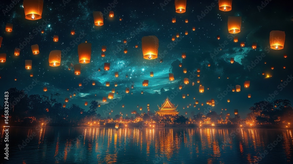 Naklejka premium Night Sky Spectacle: Hundreds of Floating Lanterns Illuminate a Serene Lakeside Temple
