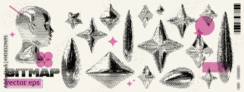 Geometric shapes and a stylized head compose this vector art piece, reflecting y2k aesthetics and dada influences. The artwork features varied dimensions and monochromatic patterns.