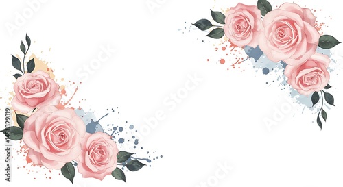 Fototapeta Naklejka Na Ścianę i Meble -  Watercolor Roses Corner Arrangement
