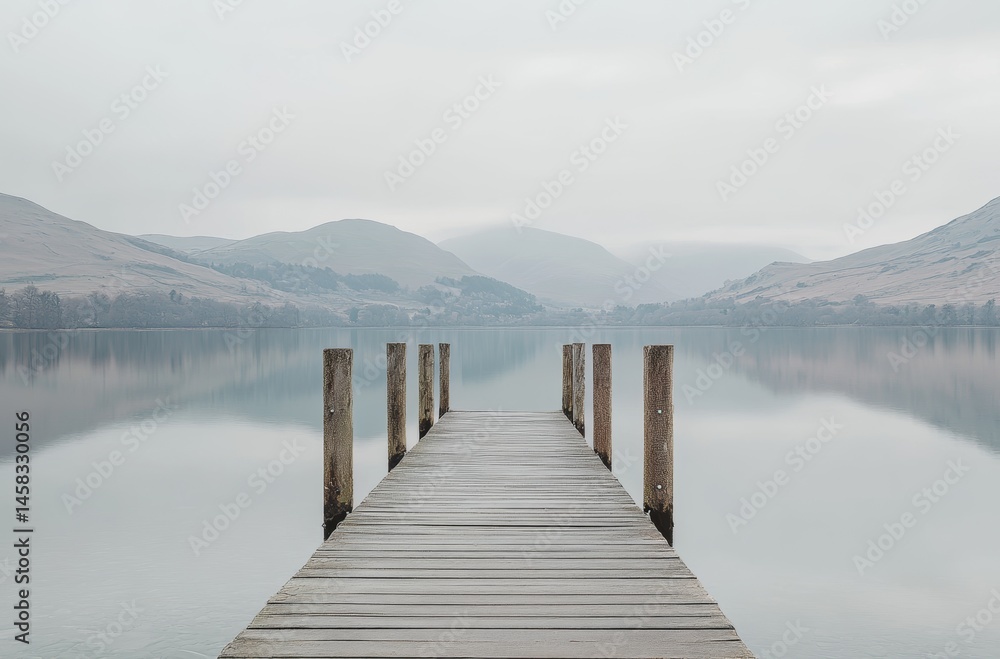 Naklejka premium Minimalist photograph capturing an old wooden dock leading into calm, muted grey-toned mountain waters