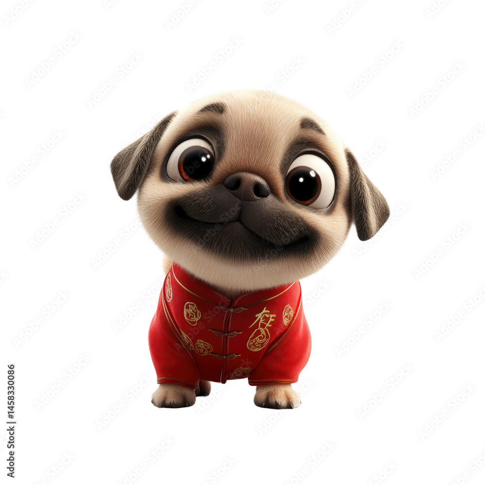 Adorable Pug Puppy in Traditional Chinese New Year Outfit