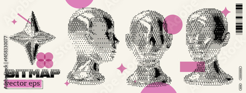 Artistic vector illustration showcasing abstract human figures with a y2k and dada aesthetic in a bitmap style