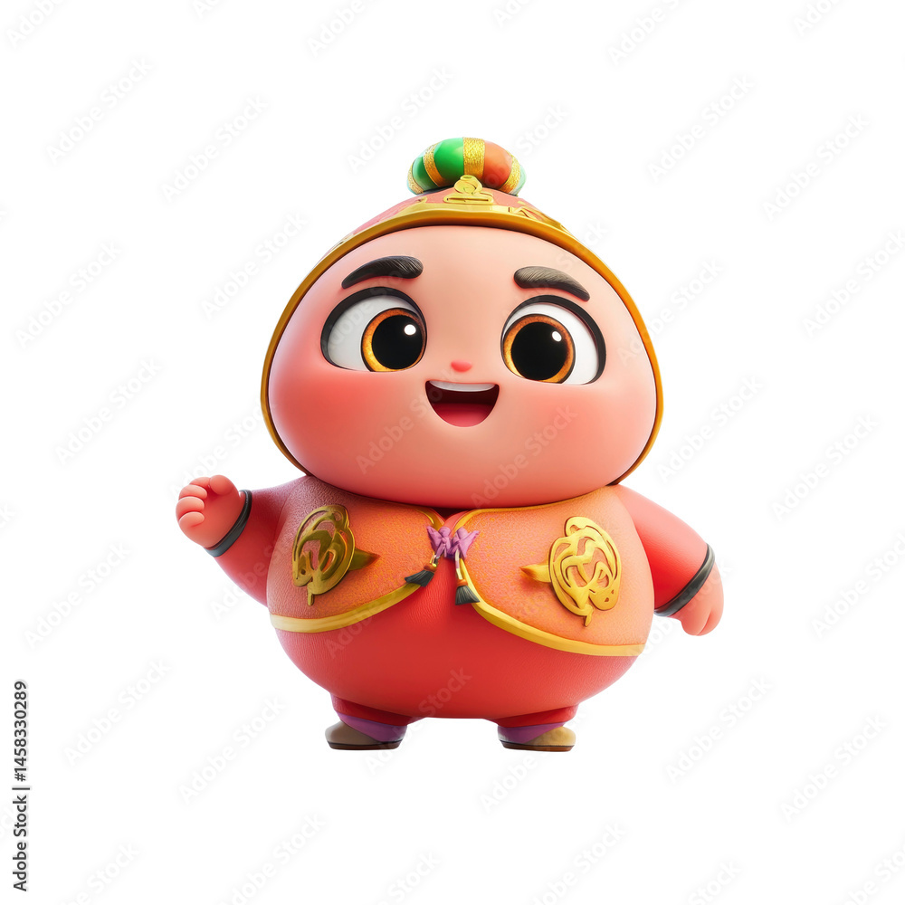 Adorable 3D Render of a Cheerful Chinese-Style Cartoon Character