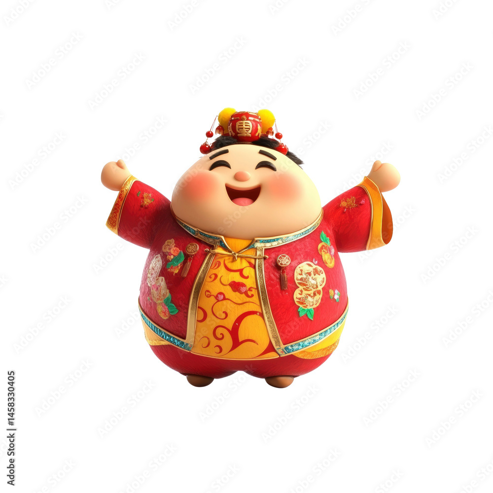 Joyful Chinese New Year Character, Happy Fat Boy in Traditional Clothing