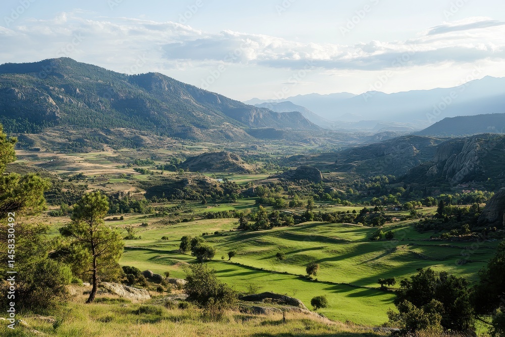 Obraz premium Rural landscape of Meteora showcasing lush greenery and mountainous terrain in Greece during golden hour, Europe Greece countryside rural landscape of Meteora valley in Kalambaka