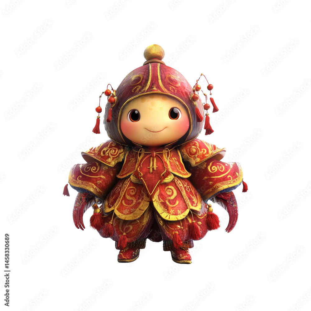 Adorable 3D Render of a Chinese-Inspired Cartoon Character in Festive Red and Gold Attire