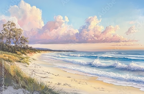Vibrant coastal landscape at Bunbury featuring luminous pastel sky with dynamic large waves and floating pink clouds