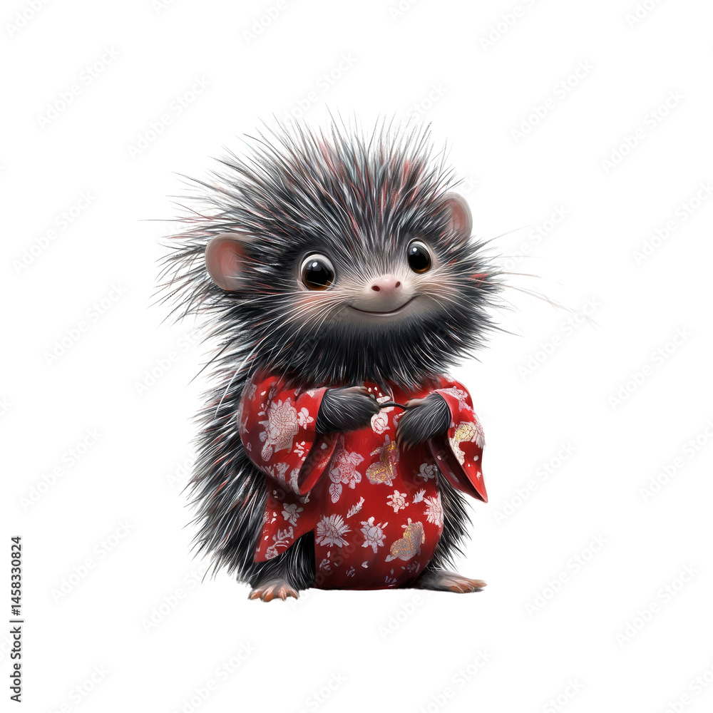 Adorable Hedgehog in Red Kimono - Digital Illustration