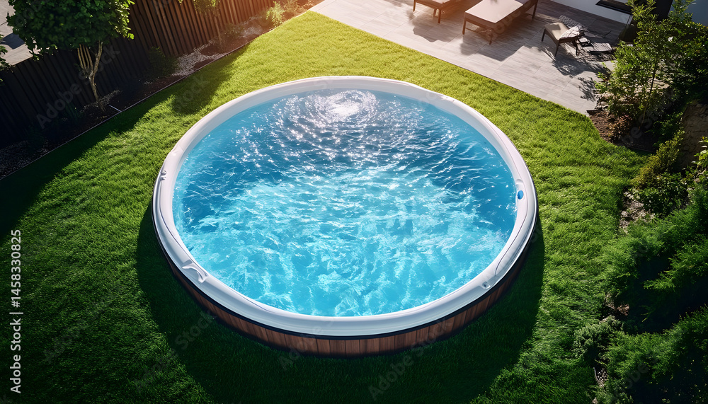 Above ground swimming pool on grass in backyard