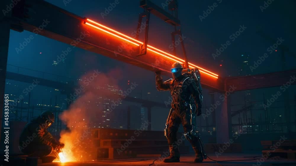 Futuristic scene depicting a soldier in high-tech gear confronting a figure by a fire at night Futuristic scene depicting a soldier in high-tech gear confronting a figure by a fire at night