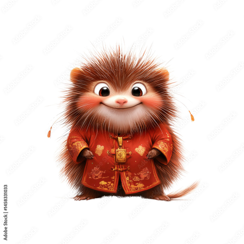 Adorable Hedgehog in Traditional Chinese Clothing for Lunar New Year