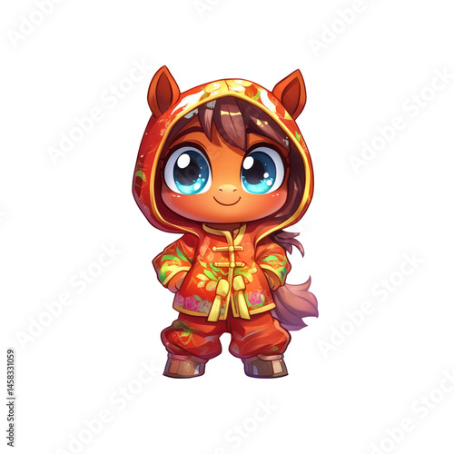 Obraz na płótnie Adorable Cartoon Pony in Traditional Chinese Clothing w salonie