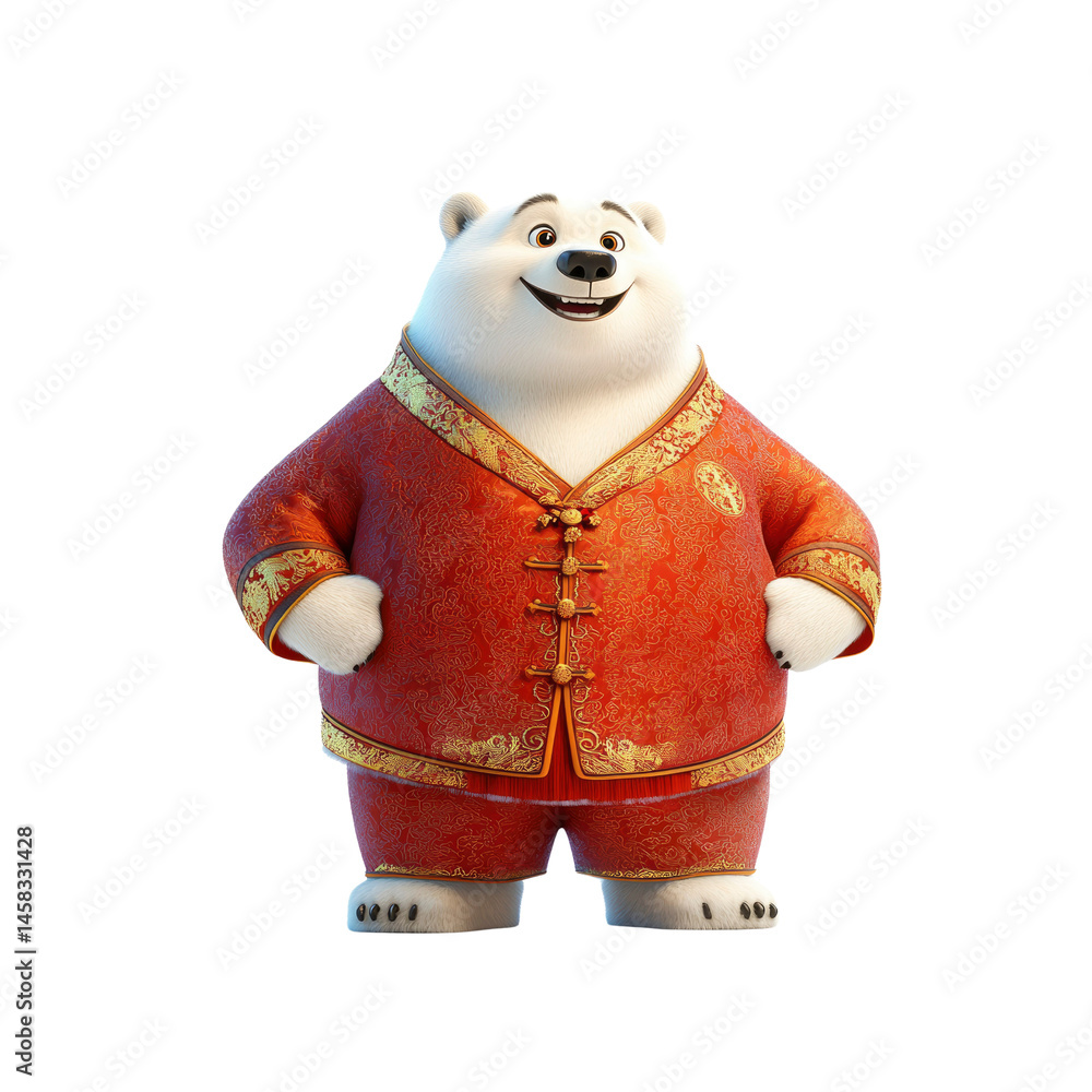 Cheerful Polar Bear in Traditional Chinese Clothing