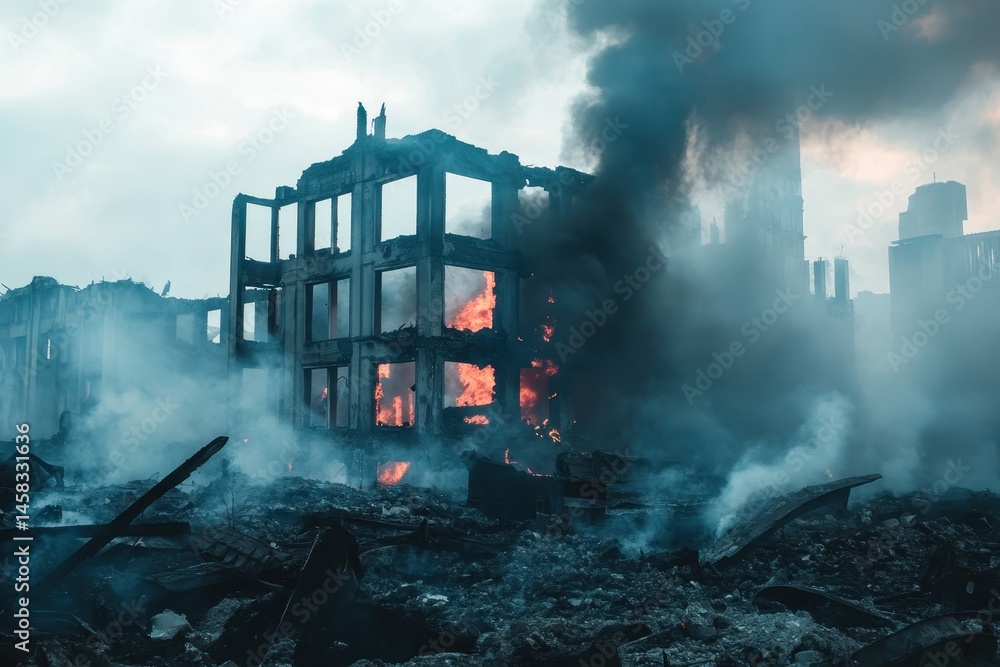Fototapeta premium War zone attack impacts building, engulfed in flames with heavy smoke rising, destroyed building at war zone attack, fire burn, Photo in background
