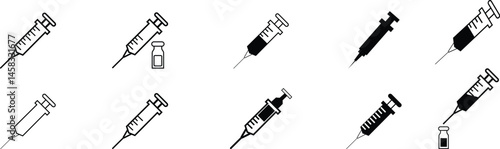 Medical syringe or injection instrument element icon set. Premium Vector template designs elements, isolated on transparent background, used to inject vaccine website design, logo, mobile app design,
