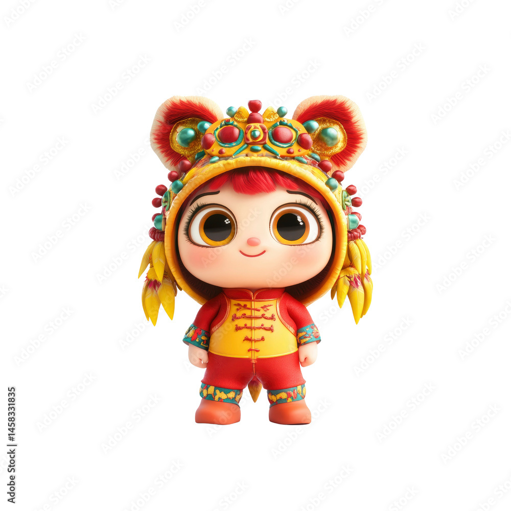 Adorable 3D Render of a Chinese Lion Dance Baby in Traditional Costume