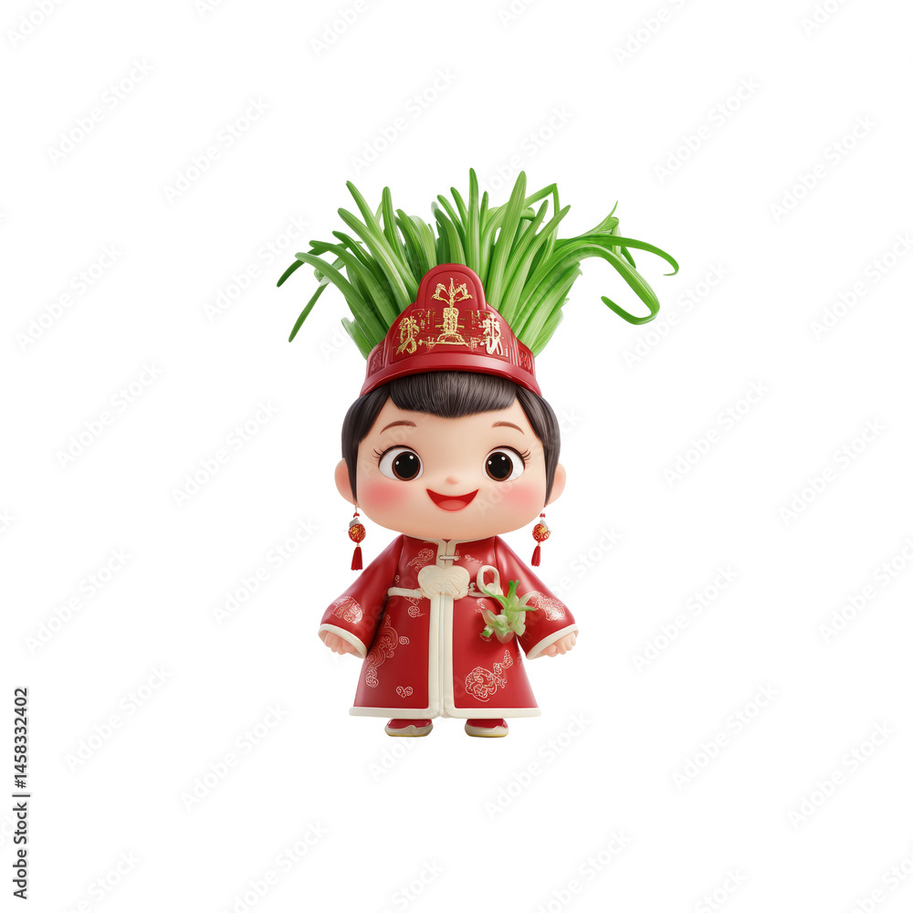 Adorable 3D Render of a Chinese Girl in Traditional Clothing with Scallions as a Headpiece