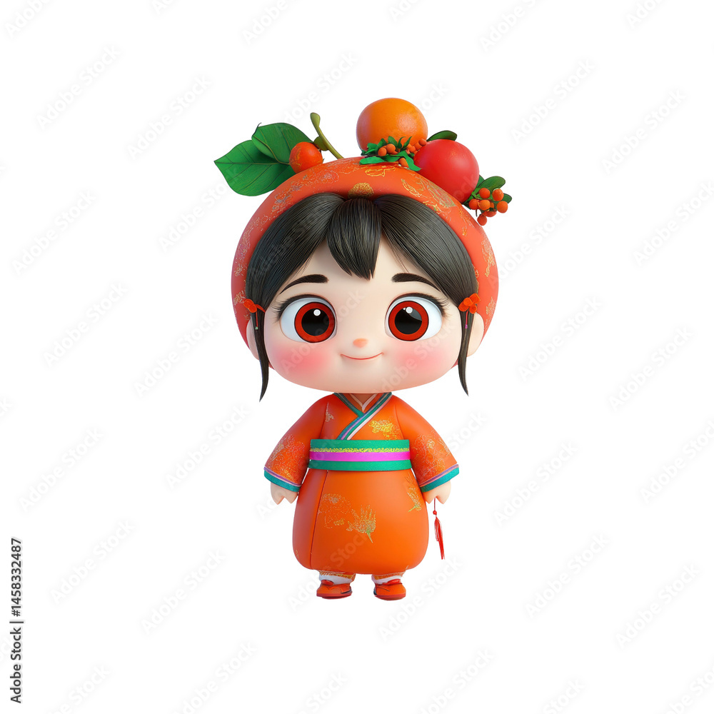 Adorable 3D Render of a Little Girl in Traditional Orange Chinese Clothing with Fruit Headdress