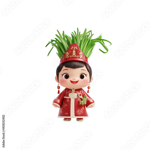 Adorable 3D Render of a Chinese Girl in Traditional Clothing with Scallions as a Headpiece