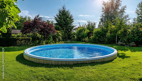Above ground swimming pool on grass in backyard