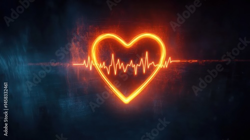 A glowing heart shaped electrocardiogram line pulsating against a futuristic dark background soft neon adding a medical aesthetic framing