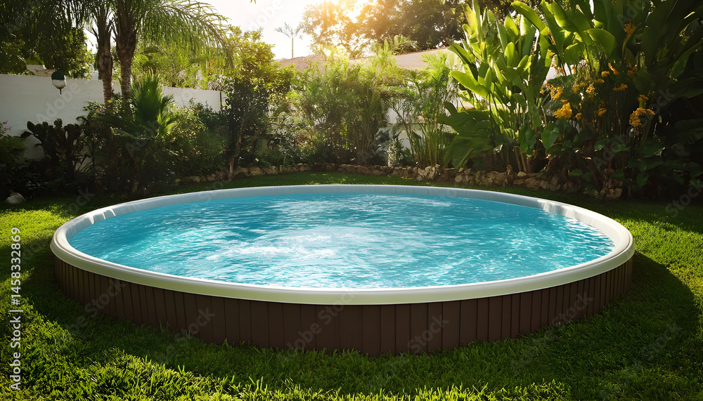 Above ground swimming pool on grass in backyard