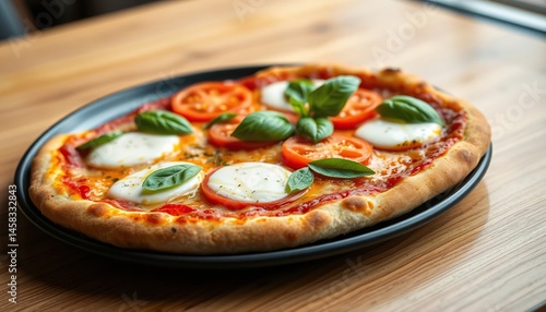 Freshly baked pizza with tomato, mozzarella, and basil photo