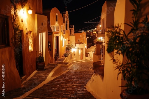 Fototapeta Naklejka Na Ścianę i Meble -  Illuminated streets of Santo create vibrant ambiance for nightlife exploration in Greece, Greek island nightlife Illuminated streets of Santorini island Oia town