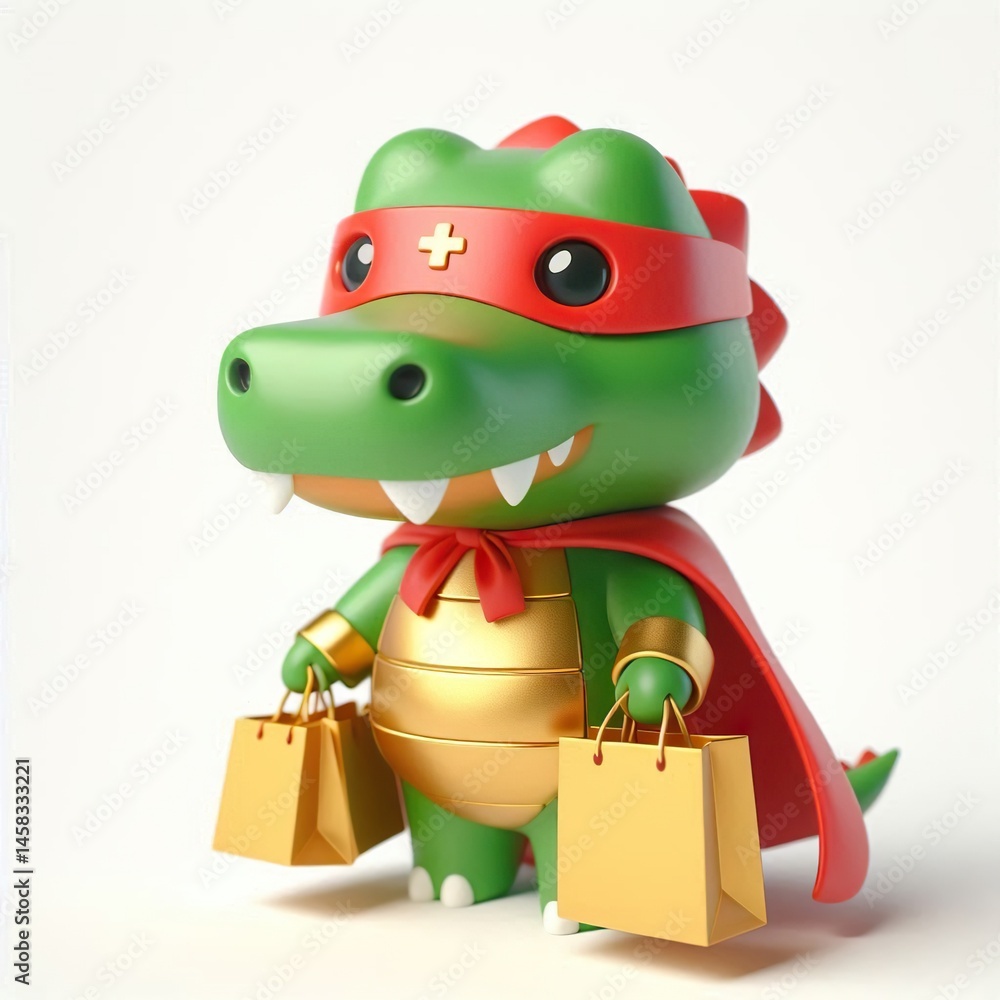 Naklejka premium Cute character 3D image of a gold green alligator superhero wearing a red mask and red cloak, holding shopping bags on a white background