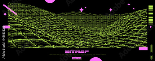 Colorful vector illustration of a digital landscape with a y2k aesthetic showcasing bitmap design elements
