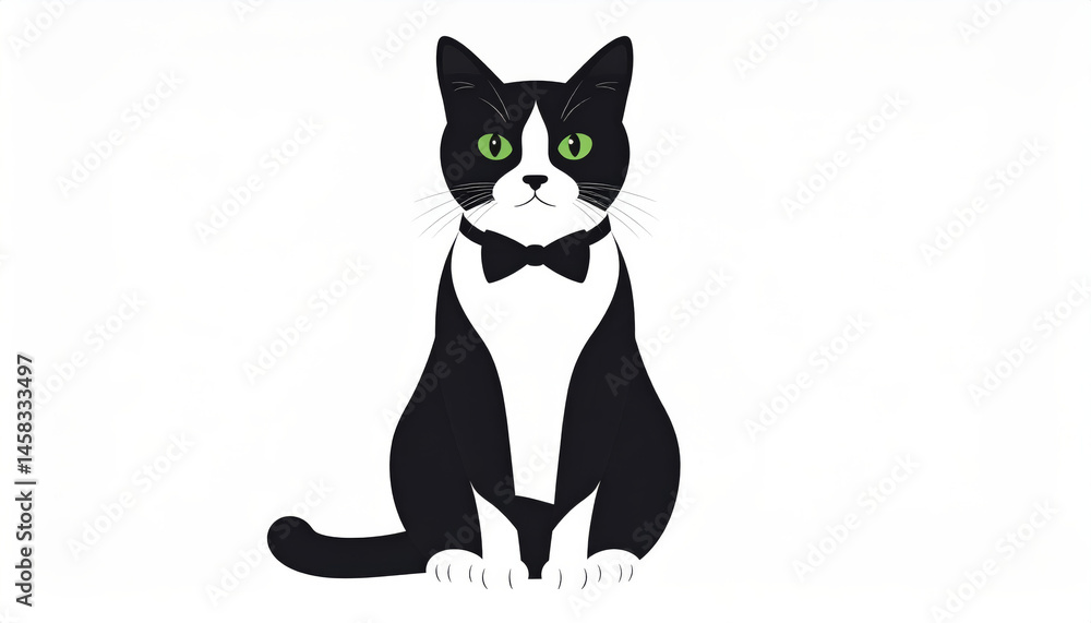 Fototapeta premium Elegant tuxedo cat with striking green eyes sits gracefully against white background, exuding charm and sophistication. This delightful feline captures attention with its stylish bow tie
