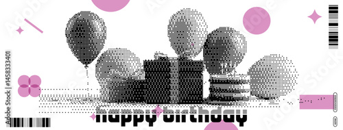 Colorful birthday celebration illustration featuring balloons and gifts in a playful y2k style with a dada flair