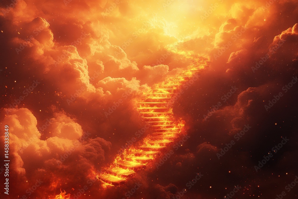Fototapeta premium Blazing stairway ascends through fiery clouds toward a golden horizon at sunset, Animated blazing stairway ascending through the clouds with fiery intensity