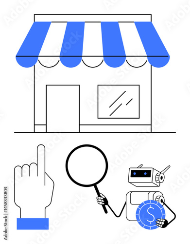 Robot analyzing store operations with magnifying glass and currency, alongside pointing hand gesture. Ideal for retail, AI, automation, e-commerce, data analysis, financial technology, innovation