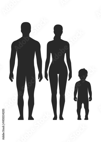 A silhouette of the human body in a standing position, including adults, men, women and children.