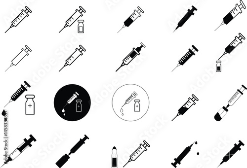 Medical syringe or injection instrument element icon set. Premium Vector template designs elements, isolated on transparent background, used to inject vaccine website design, logo, mobile app design,